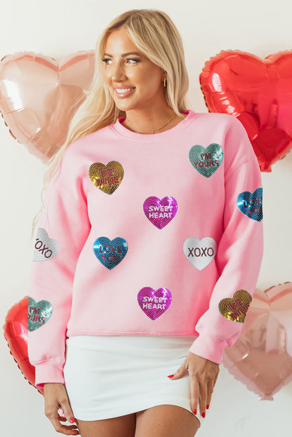 Sequin Romantic Letters Heart Graphic Valentines Sweatshirt | Pink