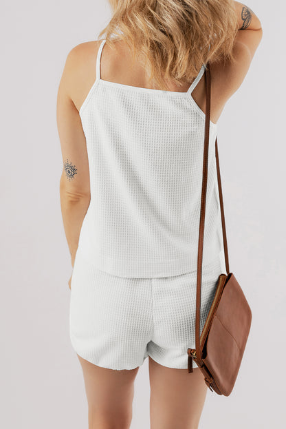 Waffle Knit Textured Spaghetti Straps Cami And Shorts Set | White