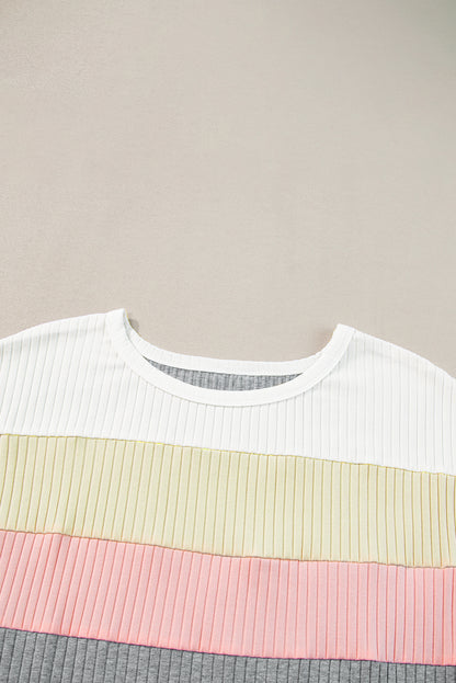 Ribbed Colour Block Patchwork T-Shirt | Gray