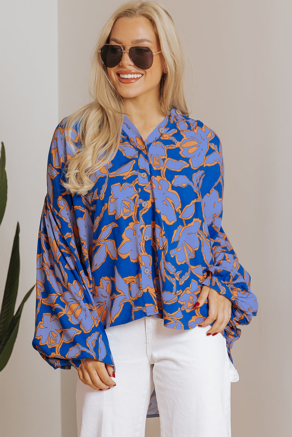 Floral Print Batwing Sleeve Buttoned Loose Fit Shirt | Blue