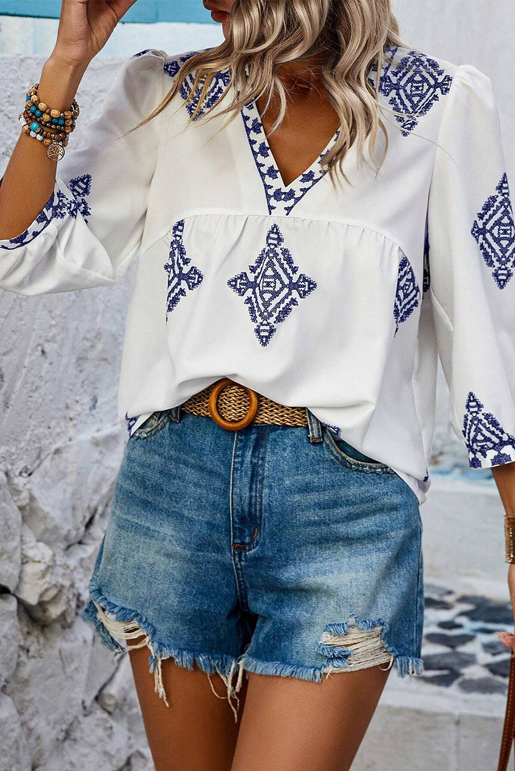 Boho Geometric Print Bracelet Sleeve V Neck Blouse | White