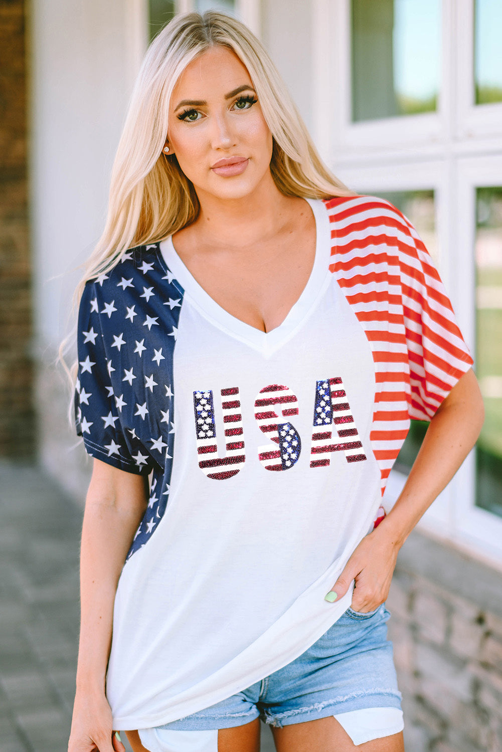 White USA Flag Sequin Patchwork Color Bock T Shirt