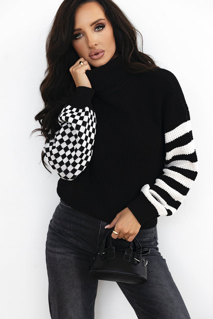 Striped Plaid Patchwork Waffle Knit Turtleneck Sweater | Black