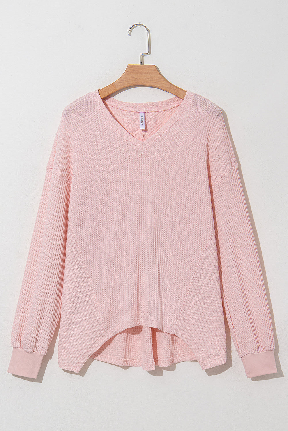 Waffle V Neck Long Sleeve Drop Shoulder Loose Blouse | Light Pink