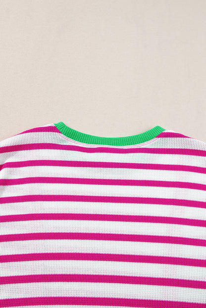 Contrast Trim Crew Neck Loose Short Sleeve Top | Rose Stripe