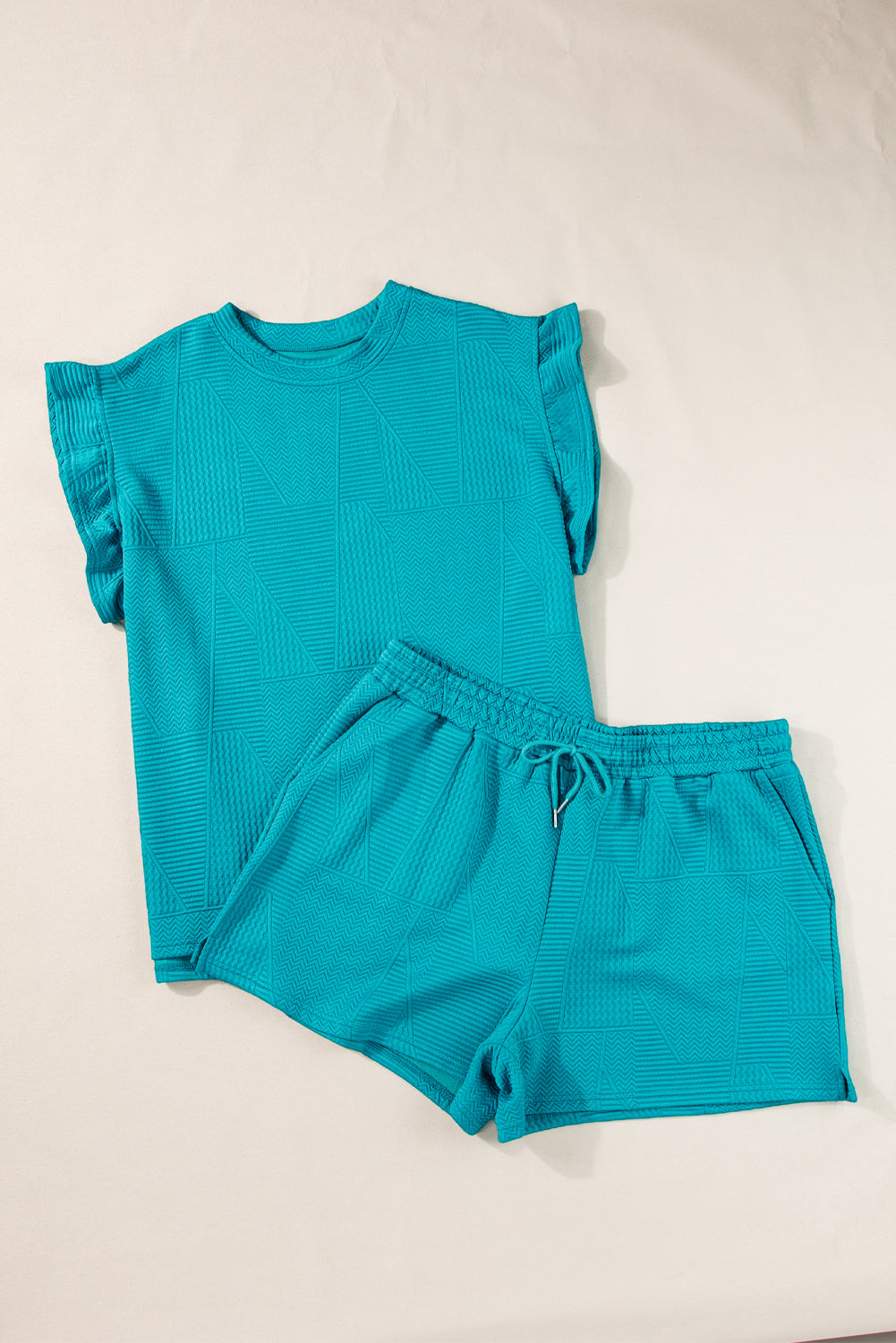 Textured Ruffle Split Top And Drawstring Shorts | Skobeloff