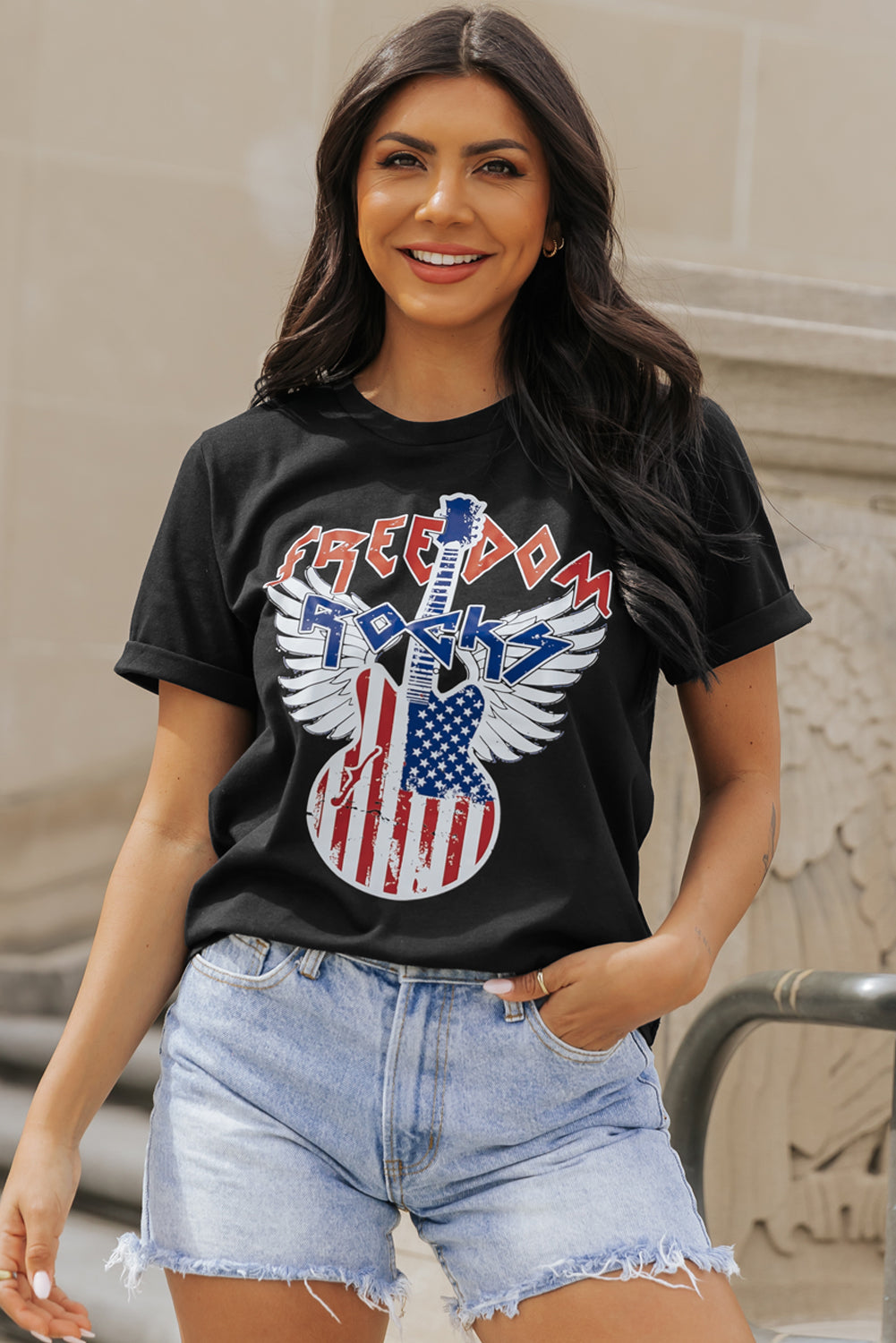 Black American Flag Guitar Print Crew Neck Tee