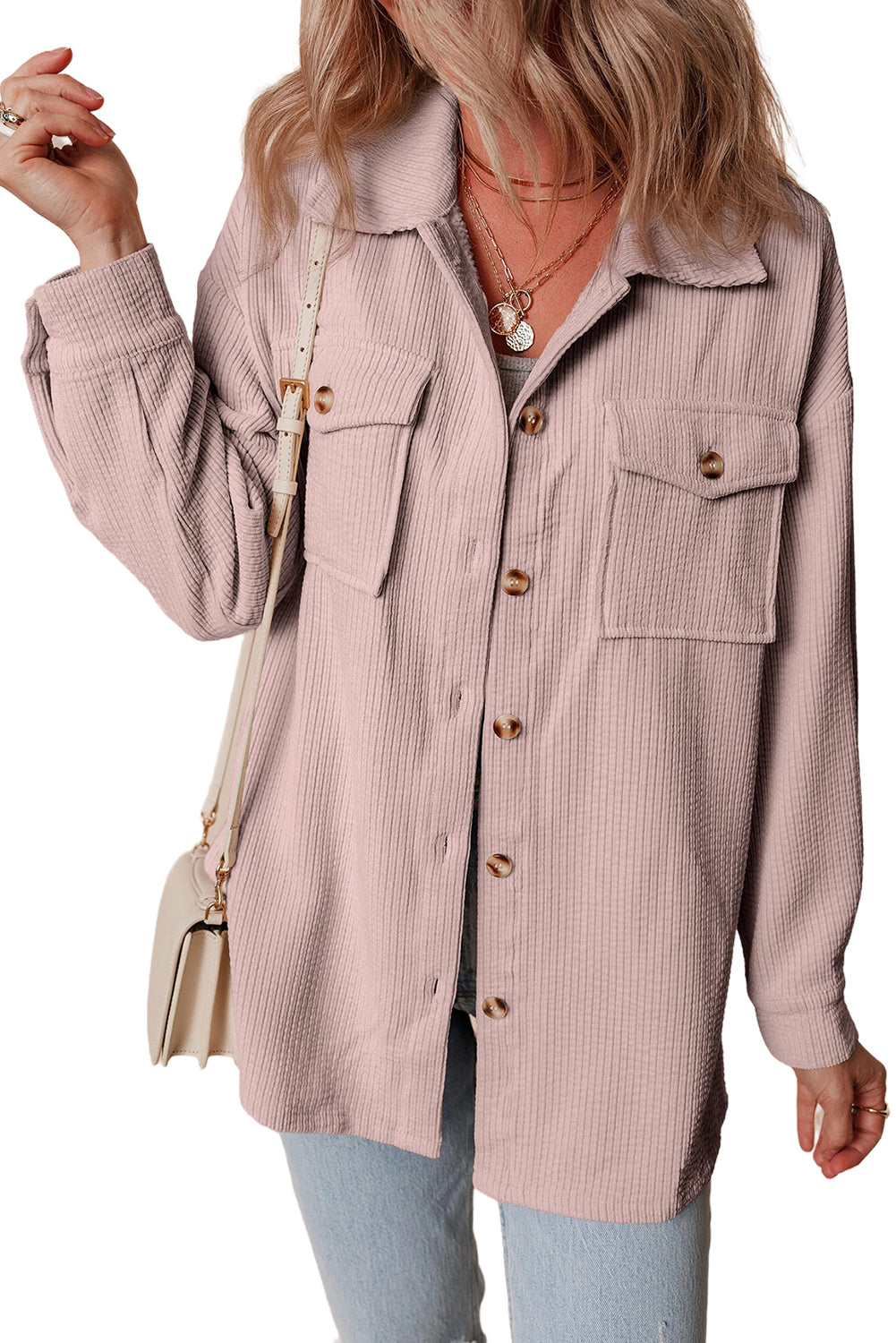 Corduroy Flap Pocket Button Up Shacket | Light Pink