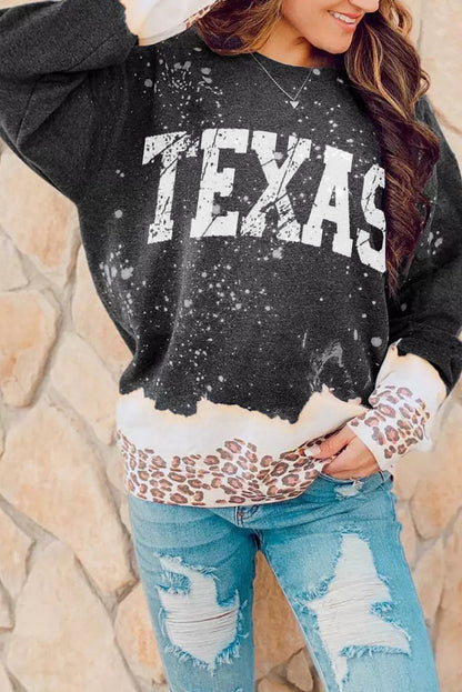 Black TEXAS Leopard Color Block Pullover Sweatshirt