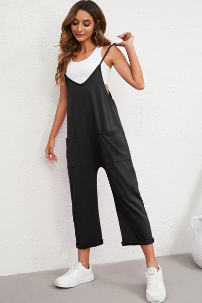 Pocketed Adjustable Spaghetti Strap Straight Leg Jumpsuit | Black