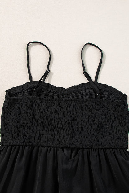 Spaghetti Straps Smocked Front Slit Buttoned Dress | Black