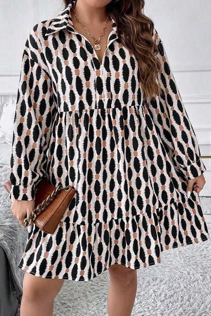 Geometric Print Collared V Neck Plus Size Mini Dress | Apricot