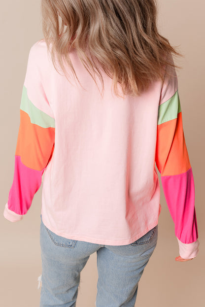 Colourblock Patchwork Long Sleeve Loose Top | Pink