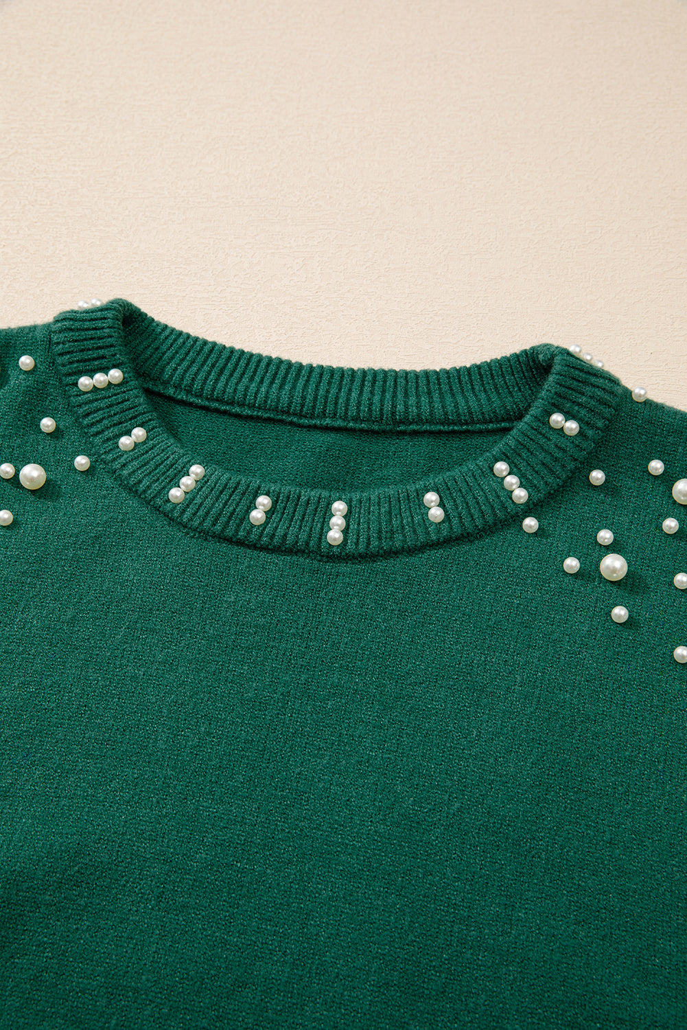 Pearled Drop Shoulder Round Neck Sweater | Evergreen