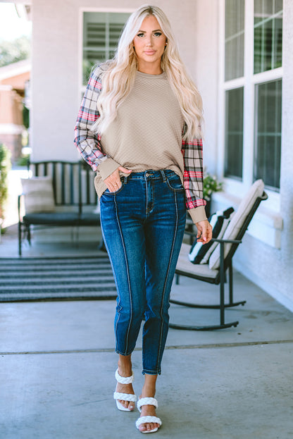 Plaid Raglan Sleeve Sweatshirt | Apricot