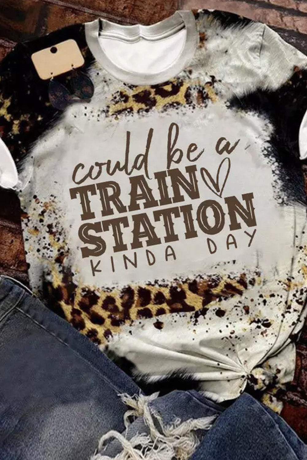 Train Station Graphic Leopard Print T Shirt | Brown