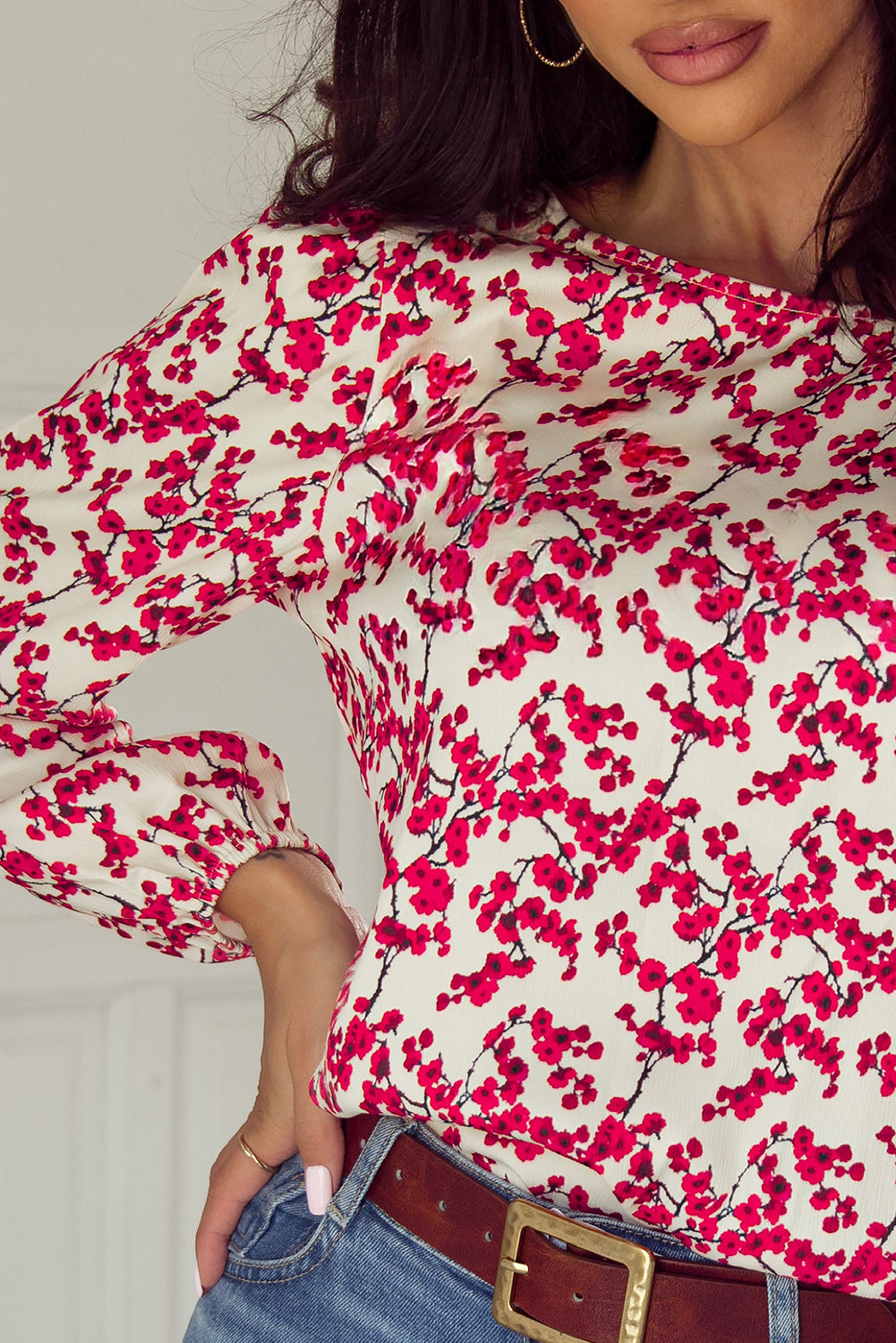 Floral Print Long Sleeve Open Back Blouse | Red