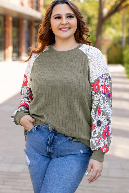 Plus Size Textured Floral Patchwork Raglan Sleeve Blouse | Vineyard Green