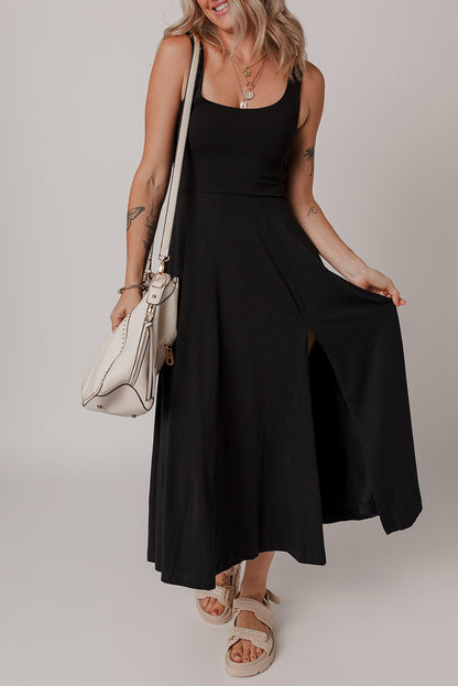 Sleeveless Scoop Neck Flared Split Midi Dress | Black