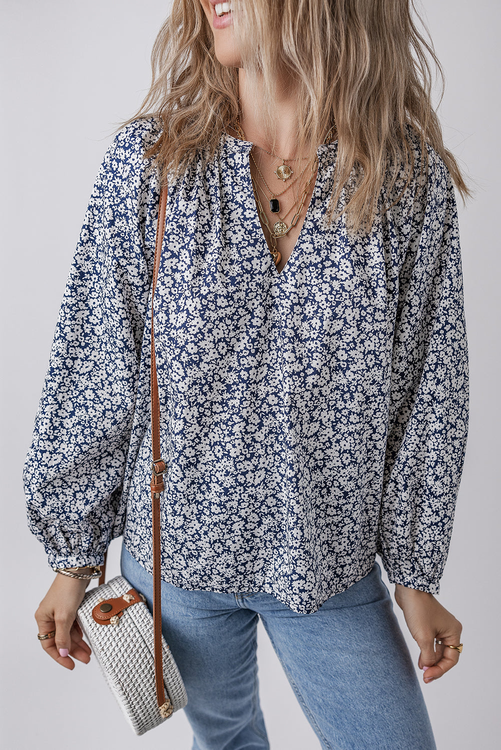 Blue Floral Print Notched V Neck Puff Sleeve Blouse