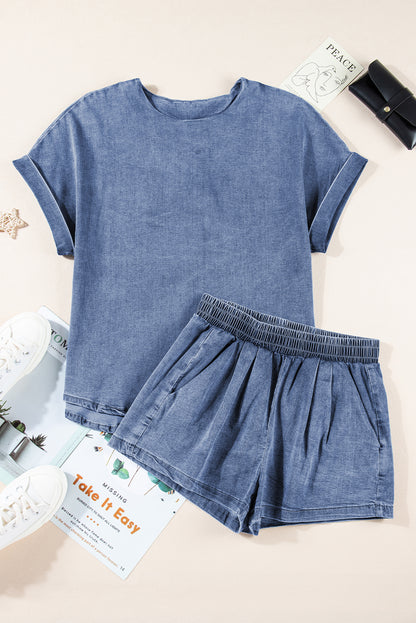 Denim Cuffed Sleeve Tee Elastic Shorts Set | Light Blue