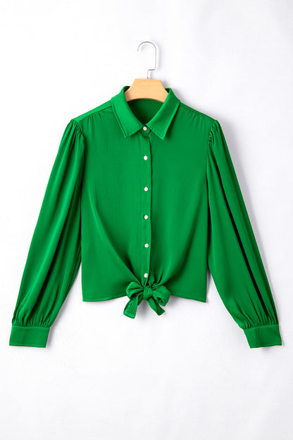 Solid Colour Flowy Balloon Sleeve Tie Front Buttoned Shirt | Dark Green