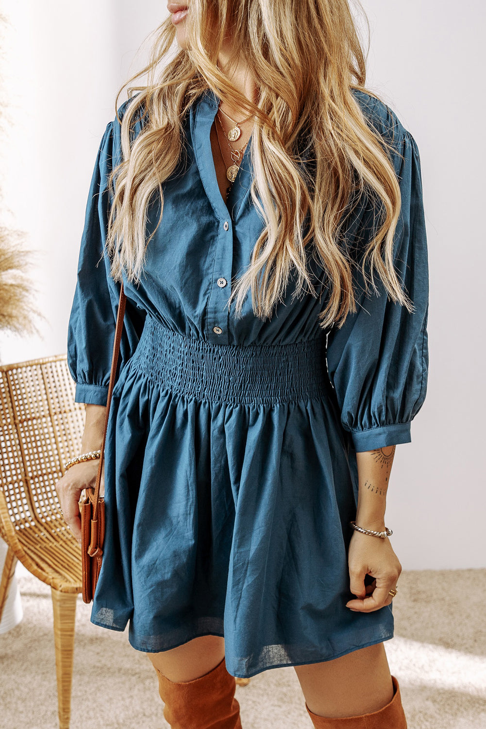 3/4 Sleeve Shirred High Waist Buttoned Mini Dress | Prussian Blue