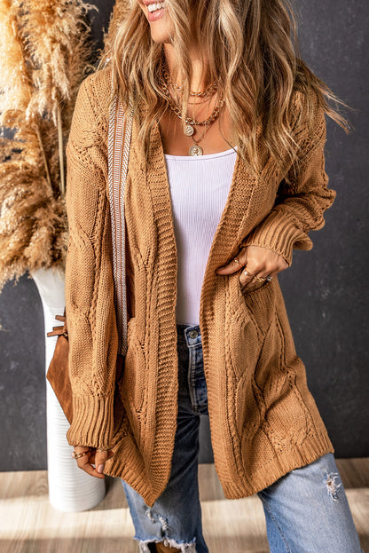 Ribbed Trim Eyelet Cable Knit Cardigan | Khaki