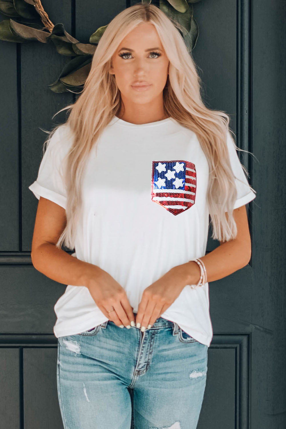 American Flag Sequin Pocket Patched T Shirt | White