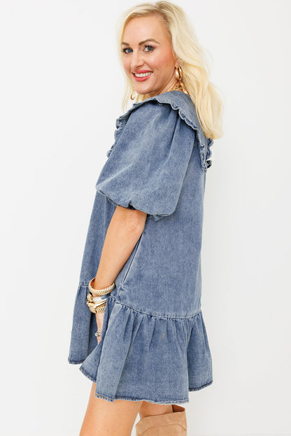 Ruffled Collared Side Pockets Puff Sleeve Denim Mini Dress | Dusk Blue