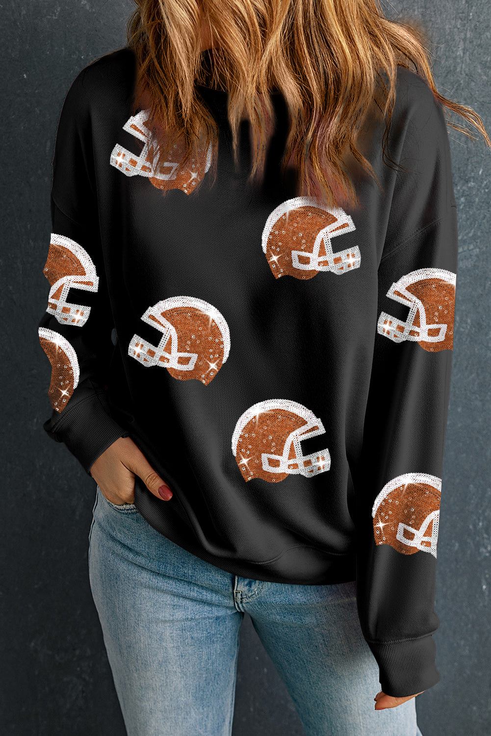 Sequin Rugby Football Helmet Graphic Game Day Sweatshirt | Black