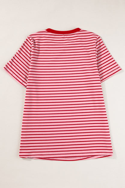 Crew Neck Casual T Shirt | Pink Stripe