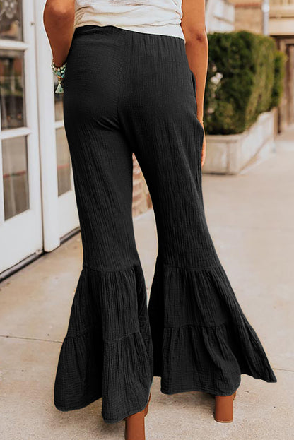 Textured High Waist Ruffled Bell Bottom Pants | Black