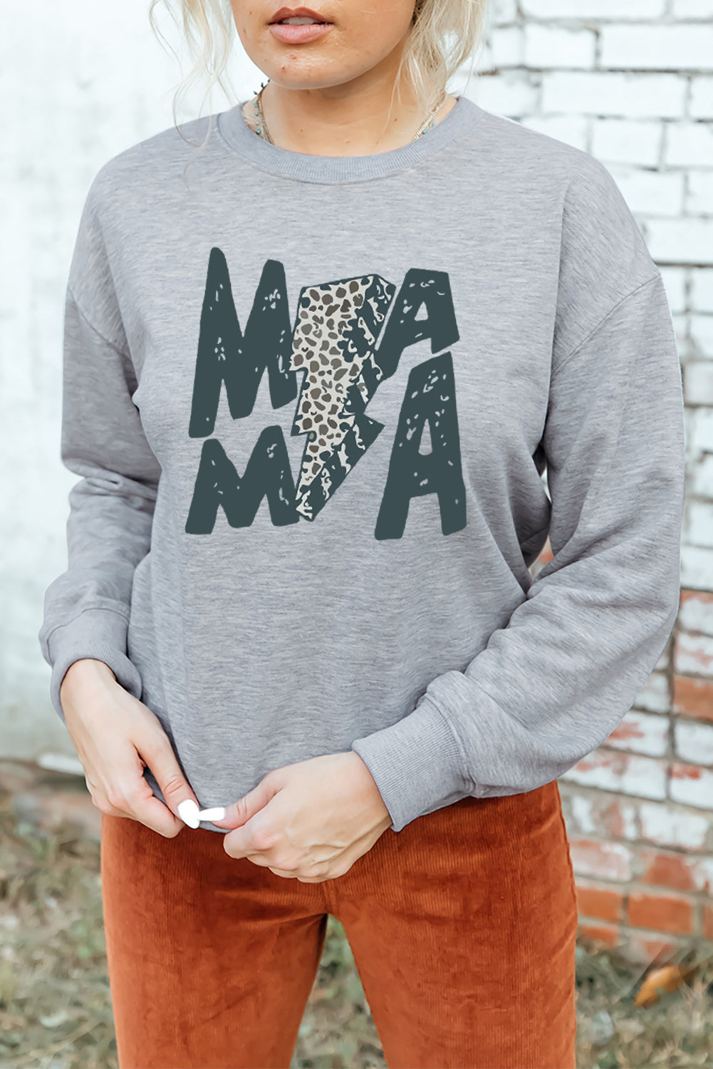 Mama Lightning Leopard Print Long Sleeve Sweatshirt | Gray