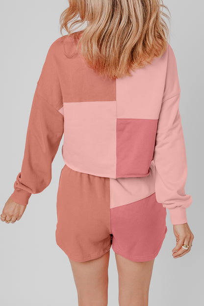 Colourblock Patchwork Long Sleeve Shorts Outfit | Peach Blossom