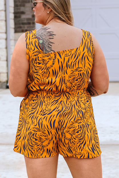 Plus Size Tiger Print Sleeveless V Neck Romper | Yellow