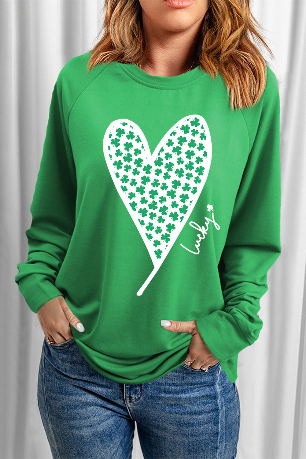 Lucky Clover Heart Graphic Raglan Sleeve Sweatshirt | Green