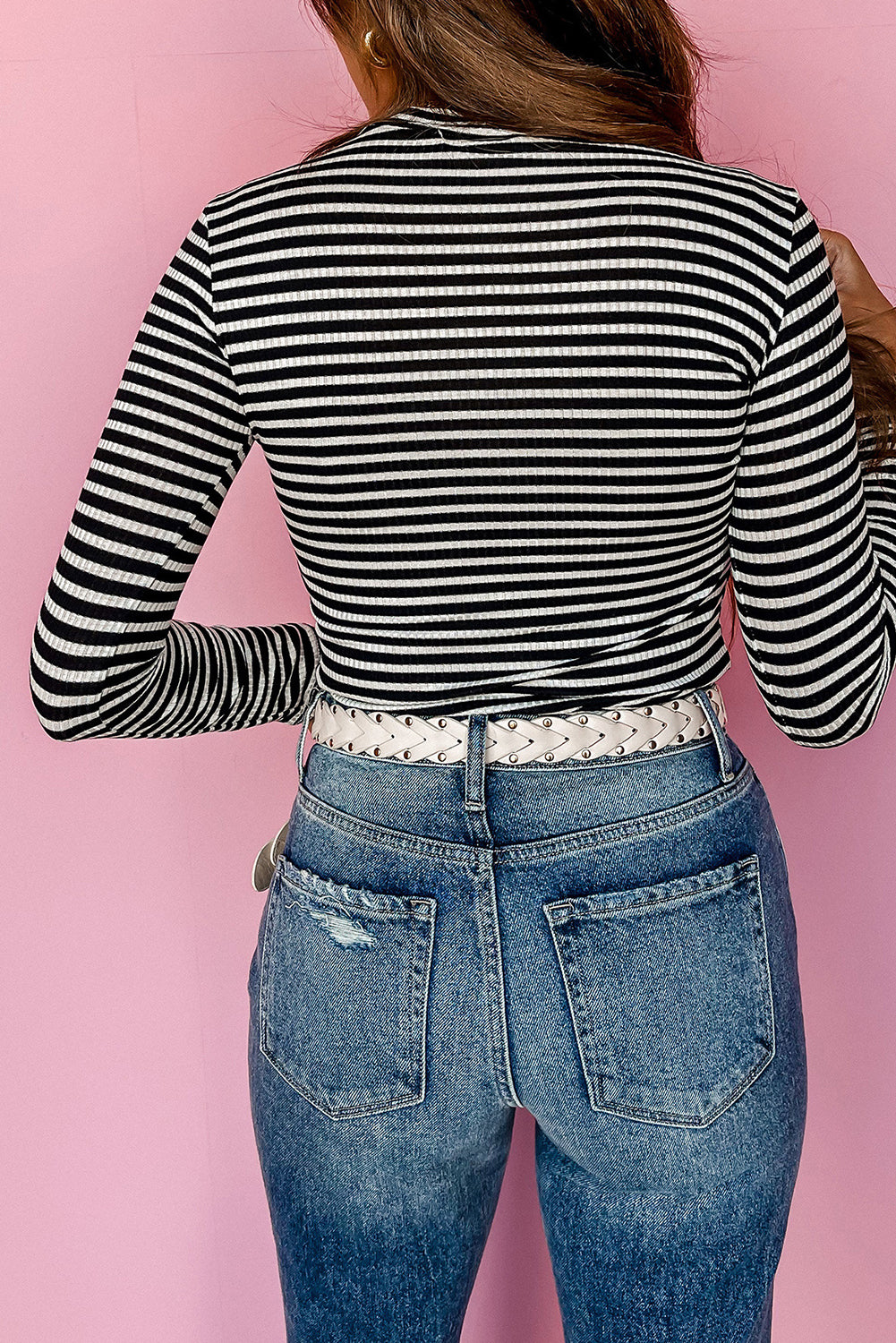 Knit Mock Neck Long Sleeve Slim Top | Black Stripe