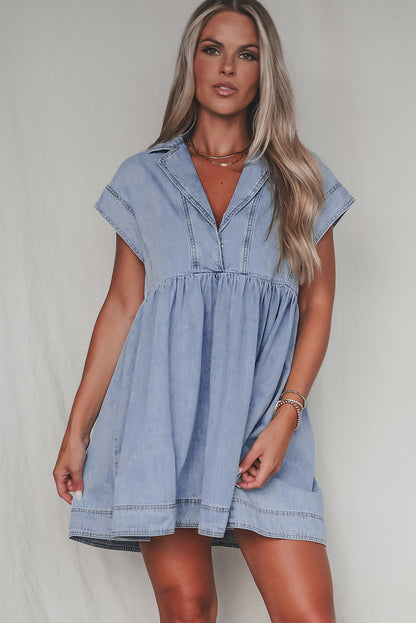 Lapel Neck Cap Sleeve High Waist Denim Babydoll Dress | Beau Blue