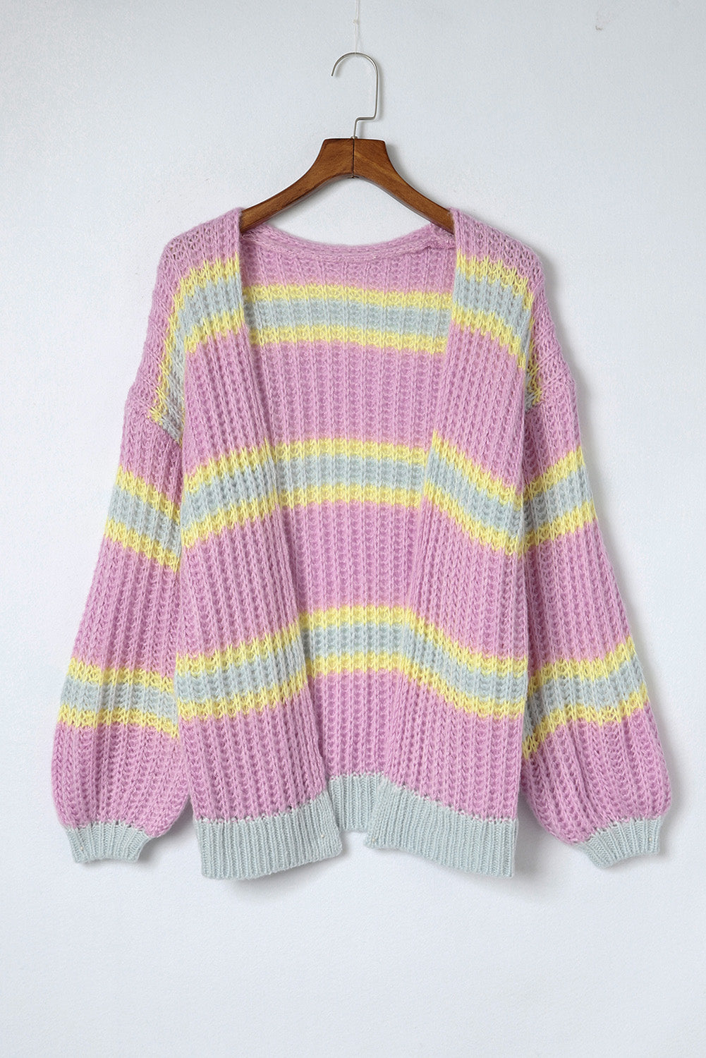 Contrast Striped Open Front Cable Cardigan | Pink