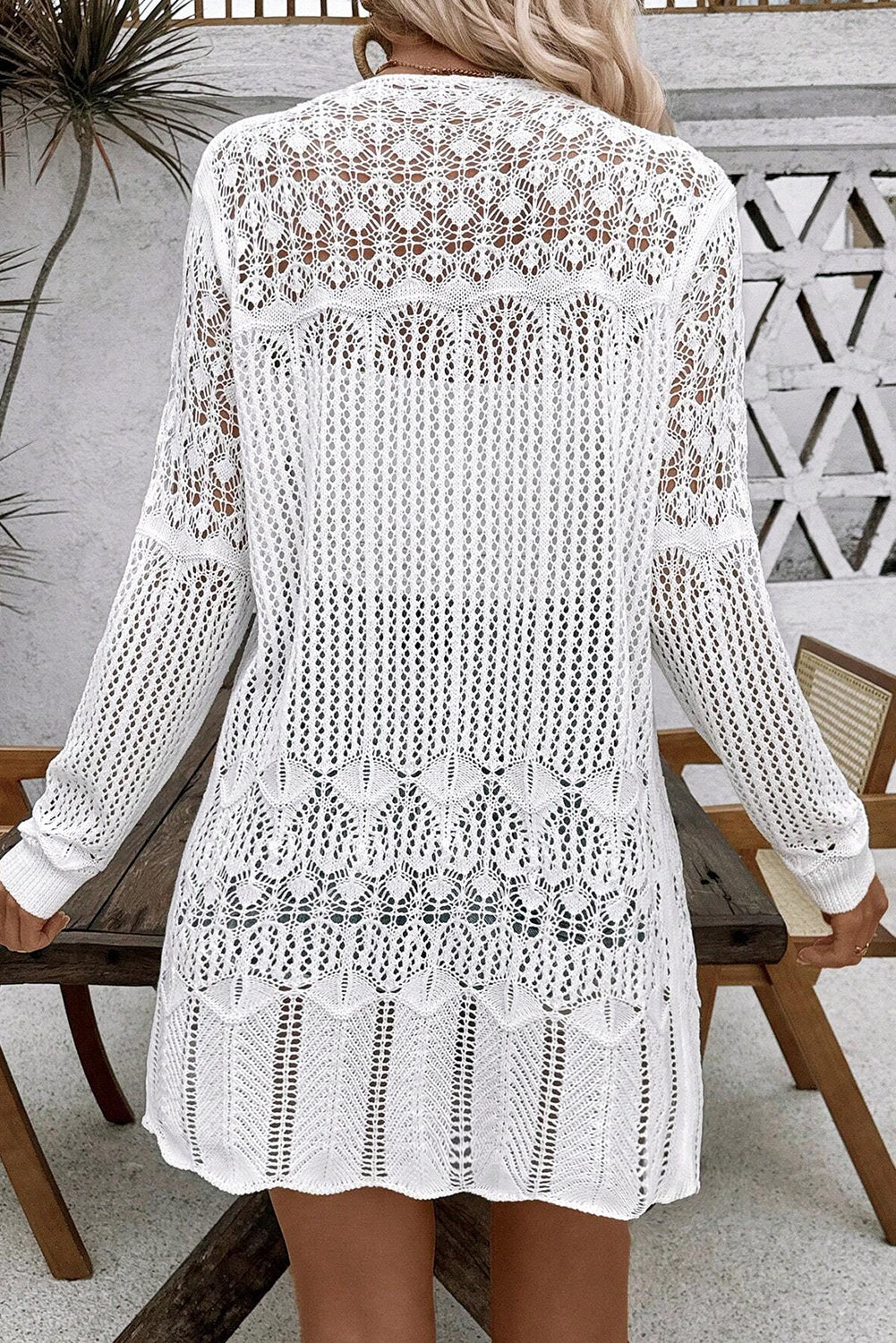 Crochet Hollow Out Open Front Cardigan | White