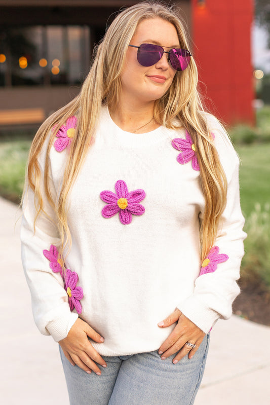 Plus Size Flower Crochet Drop Shoulder Knit Sweater | White