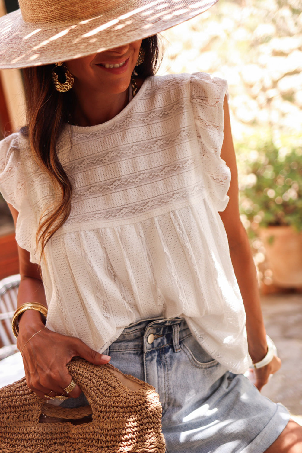 Ruffled Lace Flowy Tank Top | White