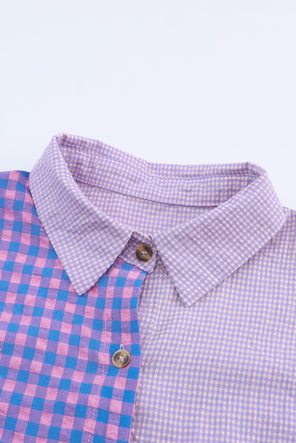 Mixed Plaid Button Down Long Sleeve Chest Pocket Shirt | Purple