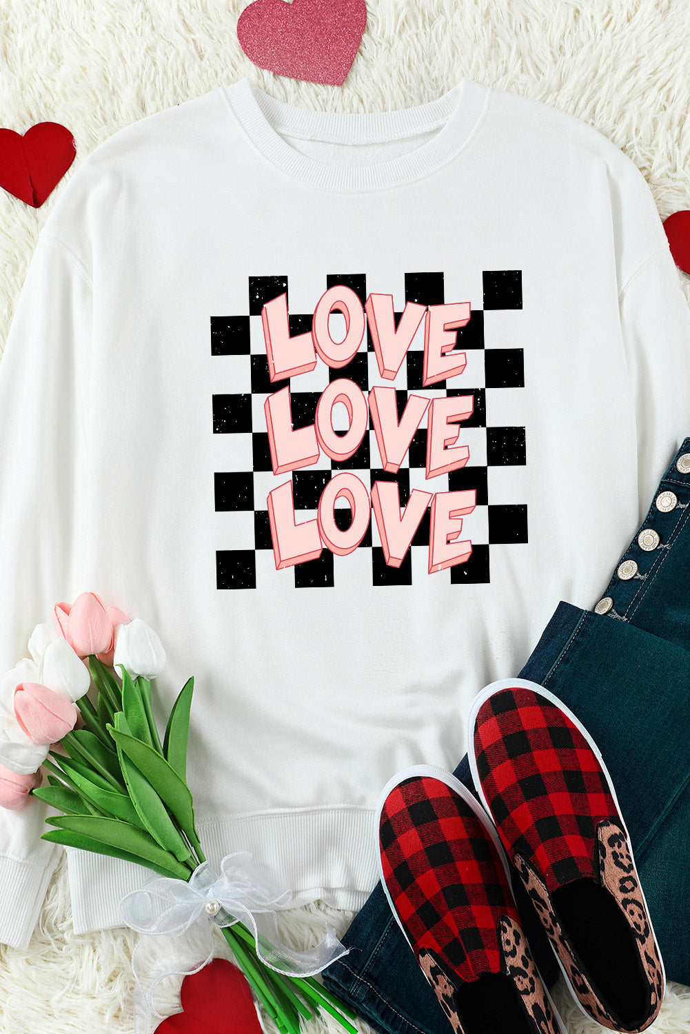 Checkerboard Love Printed Round Neck Valentines Sweatshirt | White