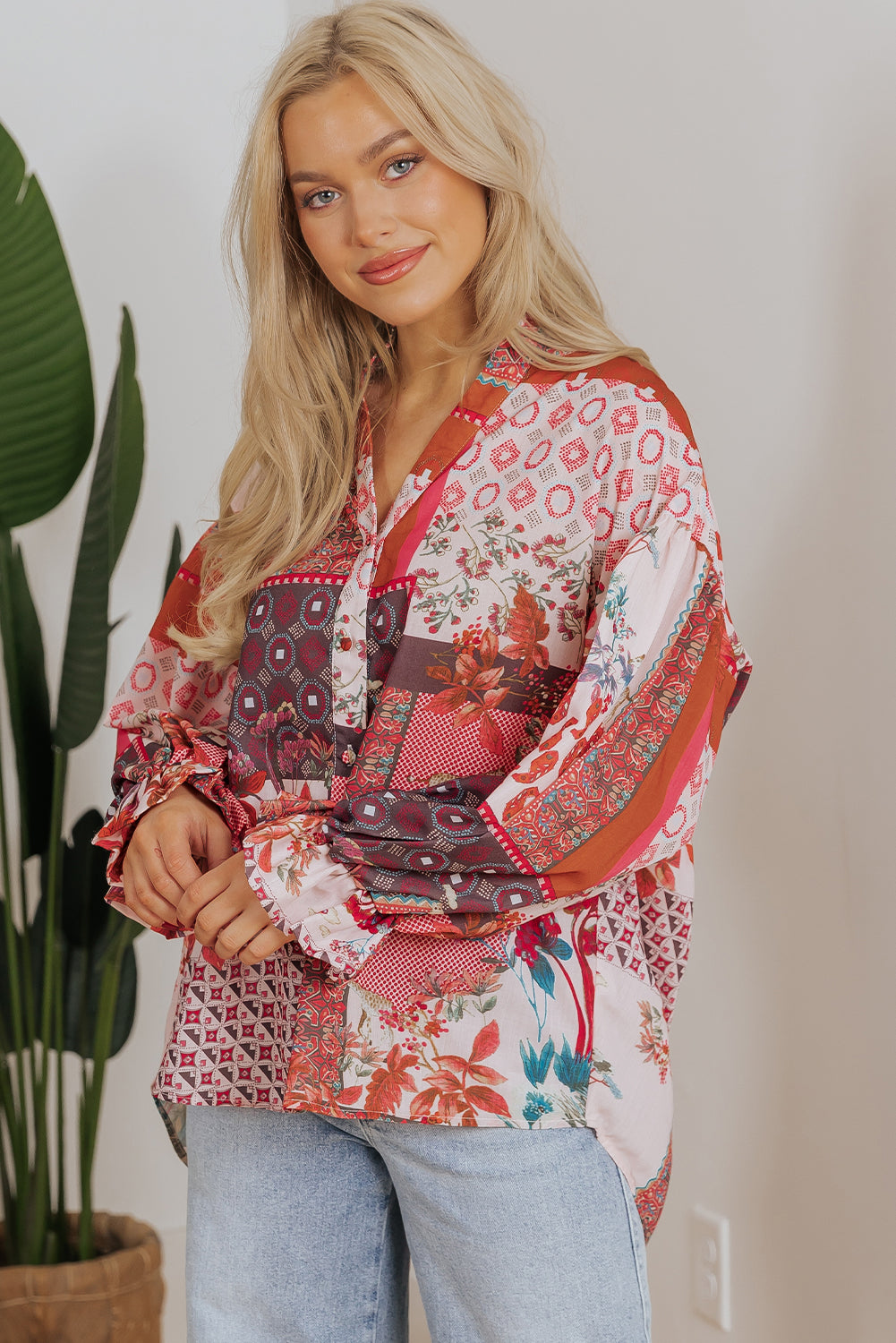 Boho Geometric Mixed Print Patchwork Bubble Sleeve Shirt | Red