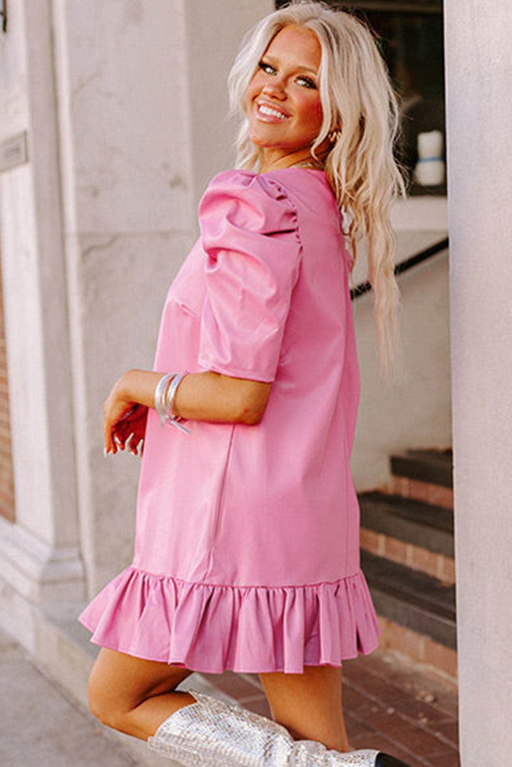 Pleather Bubble Short Sleeve V Neck Ruffled Hem Mini Dress | Sachet Pink