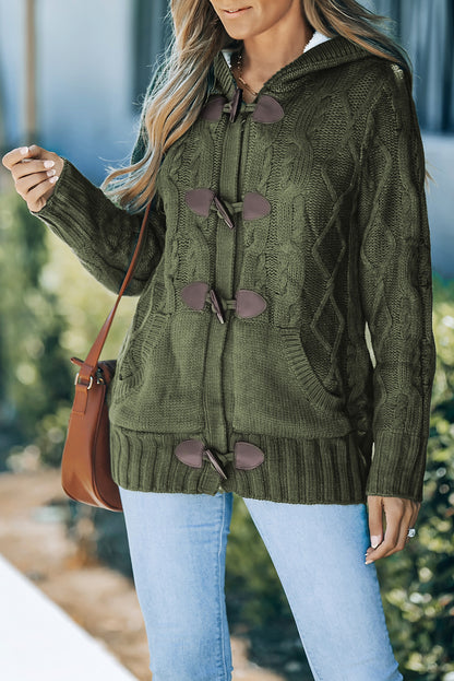 Army  Fur Hood Horn Button Sweater Cardigan | Green