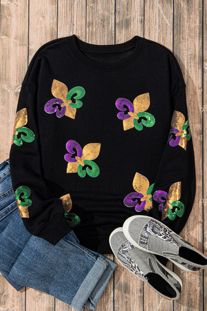 Sequin Mardi Gras Graphic Pullover Sweatshirt | Black