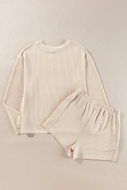 Corded Knit Long Sleeve Top And High Waist Shorts Set | Parchment